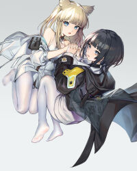 Rule 34 | 2girls, absurdres, animal ears, arknights, arknights: endfield, belt pouch, black hair, blonde hair, blue eyes, blunt bangs, dress, endministrator (arknights), female endministrator (arknights), full body, grey jacket, highres, holding hands, hood, hooded coat, interlocked fingers, jacket, layered sleeves, legs folded, long hair, looking at viewer, looking back, moyume, multiple girls, no shoes, off shoulder, open clothes, open jacket, open mouth, pantyhose, perlica (arknights), pouch, ribbed sweater, short hair, sleeveless, sleeveless dress, sweater, white dress, white pantyhose, white sweater