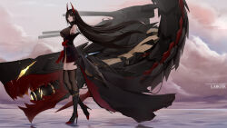 Rule 34 | 1girl, absurdres, artist name, azur lane, bare shoulders, black dress, black footwear, black hair, black thighhighs, boots, breasts, chinese commentary, cloud, cloudy sky, commentary request, derivative work, dress, dusk, floating hair, friedrich der grosse (azur lane), full body, gloves, high heel boots, high heels, highres, horns, knee boots, large breasts, larger bmx, long hair, ocean, red gloves, red horns, rigging, skindentation, sky, sleeveless, sleeveless dress, solo, standing, standing on liquid, standing on one leg, thighhighs, turret, very long hair, yellow eyes, zettai ryouiki