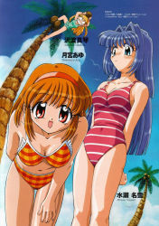 Rule 34 | 3girls, :d, angry, aqua one-piece swimsuit, arm behind back, arms behind back, arms up, barefoot, bent over, bikini, bird, blonde hair, blue eyes, blue hair, blush, breasts, casual one-piece swimsuit, character name, checkered bikini, checkered clothes, chibi, cleavage, clenched teeth, cloud, coconut, constricted pupils, day, foreshortening, frilled swimsuit, frills, from below, hair intakes, hair ribbon, hairband, hand on own thigh, hand on thigh, holding, kanon, key (company), long hair, looking at viewer, medium breasts, minase nayuki, multiple girls, official art, one-piece swimsuit, oonishi youichi, open mouth, orange hair, outdoors, palm tree, parted lips, plaid, plaid bikini, red eyes, red one-piece swimsuit, ribbon, sawatari makoto, scan, seagull, short hair, sidelocks, sky, smile, striped clothes, striped one-piece swimsuit, swimsuit, teeth, thigh gap, tree, tsukimiya ayu, twintails, two side up