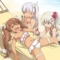 Rule 34 | 3girls, bare arms, bare shoulders, bikini, blonde hair, blush, body writing, bow, brown hair, closed eyes, commentary request, dark-skinned female, dark skin, drooling, fang, frilled bikini, frills, grecale (kancolle), hair bobbles, hair bow, hair ornament, hair ribbon, hammock, jewelry, kantai collection, libeccio (kancolle), long hair, lying, maestrale (kancolle), multiple girls, navel, necklace, one-piece tan, open mouth, prank, revision, ribbon, scrunchie, side ponytail, silver hair, sleeping, spread legs, strap slip, swimsuit, tan, tanline, tewarusa, thigh strap, twintails, wrist scrunchie