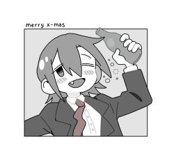 Rule 34 | alcohol, blush, bottle, bubble, buttons, christmas, dress shirt, drunk, english text, fang, formal, grey background, grey eyes, grey hair, highres, holding, holding bottle, jacket, kofji, necktie, one eye closed, original, red necktie, shirt, short hair, squeans, suit, suit jacket, white background