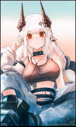 Rule 34 | 1girl, ankle boots, arknights, bare shoulders, black footwear, blush, boots, breasts, closed mouth, collar, collarbone, earphones, earrings, english text, gradient background, hair ornament, highres, holding, horns, infection monitor (arknights), jewelry, large breasts, long hair, long sleeves, looking at viewer, material growth, mudrock (arknights), navel, off shoulder, open clothes, orange background, oripathy lesion (arknights), pointy ears, red eyes, runamonet, silver hair, sitting, solo, sports bra, sweatdrop