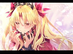 Rule 34 | 1girl, backlighting, black nails, blonde hair, cape, closed mouth, commentary request, crying, crying with eyes open, earrings, ereshkigal (fate), fate/grand order, fate (series), hair over eyes, hair ribbon, half-closed eyes, infinity symbol, jewelry, letterboxed, light particles, long hair, long sleeves, nail polish, parted bangs, petals, red cape, red ribbon, ribbon, smile, solo, sparkle, tears, tiara, two side up, water drop, yuya (night lily)