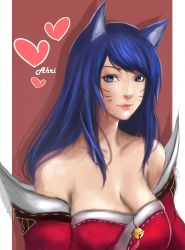 Rule 34 | 1girl, ahri (league of legends), animal ears, bare shoulders, blue eyes, breasts, cleavage, detached sleeves, facial mark, fox ears, heart, highres, ikhwan maulana, korean clothes, large breasts, league of legends, lips, long hair, looking at viewer, nose, realistic, red background, shadow, simple background, smile, solo, upper body, whisker markings, white background