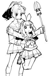 Rule 34 | 2girls, bow, carrying, carrying under arm, character request, child, copyright request, dowman sayman, frown, greyscale, highres, long hair, monochrome, multiple girls, ponytail, shovel, triangle mouth, weapon