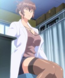Rule 34 | 1girl, barefoot, black thighhighs, breasts, brown eyes, brown hair, doctor, female focus, katsuragi aiko, lab coat, large breasts, mature female, rinkan club, school, screencap, short hair, sitting, solo, stethoscope, stitched, thighhighs, third-party edit