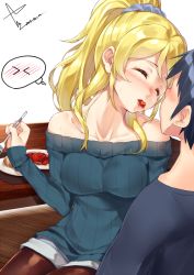 Rule 34 | &gt; &lt;, 10s, 1boy, 1girl, 2013, ^ ^, ayase eli, bare shoulders, blonde hair, blue hair, blue sweater, blush, breasts, brown pantyhose, cleavage, closed eyes, collarbone, dated, face-to-face, feeding, food in mouth, fork, hair ornament, hair scrunchie, head tilt, hetero, holding, holding fork, long hair, long sleeves, love live!, love live! school idol festival, love live! school idol project, medium breasts, off-shoulder, off-shoulder sweater, off shoulder, pantyhose, plate, ponytail, ribbed sweater, saliva, scrunchie, shirt, shorts, signature, sitting, sleeves past wrists, solo focus, speech bubble, sweater, swept bangs, t-shirt, table, thought bubble, tray, white background, yappen, yatsu (sasuraino)