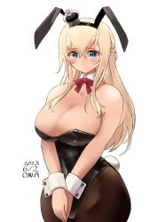Rule 34 | 1girl, animal ears, artist name, bare shoulders, black leotard, black pantyhose, blonde hair, blue eyes, blush, bow, braid, breasts, cleavage, closed mouth, commentary request, cowboy shot, crown, dated, fake animal ears, fake tail, french braid, hair between eyes, highres, kantai collection, large breasts, leotard, long hair, looking at viewer, owa (ishtail), pantyhose, red bow, simple background, solo, strapless, strapless leotard, tail, tilted headwear, warspite (kancolle), white background