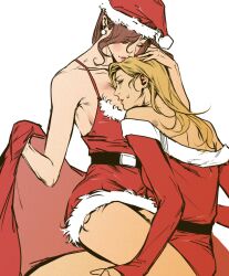 2girls bare_shoulders blonde_hair blush breasts brown_hair christmas cleavage closed_eyes dress ear_blush fur-trimmed_dress fur-trimmed_headwear fur_trim hat highres large_breasts long_hair multiple_girls original parted_lips red_dress red_hat s_boss820 santa_costume santa_dress santa_hat smile white_background yuri