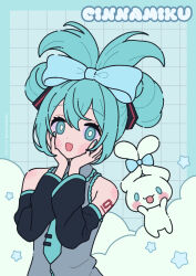 Rule 34 | 1girl, animal, bare shoulders, black sleeves, blue background, blue bow, blue eyes, blue hair, blue nails, blue necktie, bow, character name, cinnamiku, cinnamoroll, collared shirt, commentary, crossover, detached sleeves, folded twintails, grey shirt, hair between eyes, hair bow, hands on own face, hands up, hatsune miku, highres, long sleeves, nail polish, necktie, neki (wakiko), rabbit, sanrio, shirt, sleeveless, sleeveless shirt, tie clip, tied ears, upper body, vocaloid, wide sleeves
