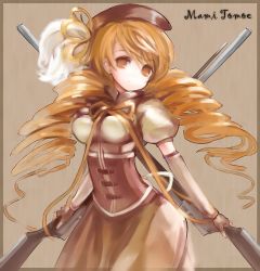 Rule 34 | 10s, 1girl, beret, blonde hair, breasts, brown background, character name, corset, detached sleeves, drill hair, dual wielding, ephtracy, fingerless gloves, gloves, gun, hair ornament, hairpin, hat, holding, long hair, looking at viewer, magical girl, mahou shoujo madoka magica, mahou shoujo madoka magica (anime), puffy sleeves, ribbon, rifle, shirt, skirt, smile, solo, taut clothes, taut shirt, tomoe mami, twin drills, twintails, weapon, yellow eyes