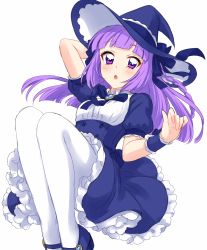 Rule 34 | 1girl, aikatsu!, aikatsu! (series), blue dress, blue footwear, blue ribbon, blunt bangs, blush, commentary, dress, feet out of frame, frilled dress, frills, gem, hand on headwear, hat, highres, hikami sumire, long hair, looking at viewer, mary janes, pantyhose, parted lips, purple eyes, purple hair, ribbon, sekina, shoes, simple background, solo, white background, white pantyhose, witch hat