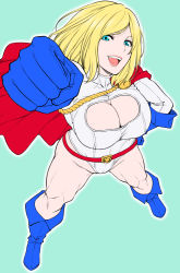 Rule 34 | 1girl, :d, aiguillette, animification, aqua background, arm up, belt, blonde hair, blue eyes, blue footwear, boots, breasts, buckle, cape, cleavage, cleavage cutout, clenched hand, clothing cutout, dc comics, female focus, flat color, foreshortening, from above, groin, hand on own hip, happy, highleg, highleg leotard, knee boots, kryptonian, large breasts, legs apart, leotard, muscular, open mouth, outline, parted bangs, power girl, raised fist, short hair, shouji nigou, simple background, smile, solo, standing, superhero costume, superman (series), thighs, turtleneck
