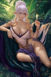 Rule 34 | 1girl, blonde hair, bracelet, breasts, cleavage, eyes visible through hair, fairy, gradient hair, grey eyes, highres, jewelry, large breasts, lips, long hair, looking at viewer, multicolored hair, necklace, original, pelvic curtain, pointy ears, ponytail, prywinko, sitting, solo, white hair