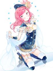 Rule 34 | 10s, 1girl, anco (melon85), blush, boots, breasts, brooch, cape, clenched hands, constellation, dress, garter straps, hat, jewelry, knee boots, kneeling, looking at viewer, love live!, love live! school idol festival, love live! school idol project, nishikino maki, print headwear, purple eyes, red hair, solo, star (symbol), starry sky print, thigh strap