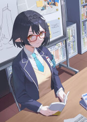 1girl absurdres armband ayane_(blue_archive) black_hair blue_archive blue_armband blue_jacket blue_necktie blush book bookshelf braid brown_sweater_vest chair closed_mouth collared_shirt commentary crown_braid dscreation_(alan_dwi29) glasses hair_intakes highres holding holding_book id_card jacket long_sleeves looking_at_viewer necktie on_chair open_book pointy_ears red-framed_eyewear school_chair shirt short_hair sitting smile solo sticky_note sweater_vest table white_shirt whiteboard wooden_table yellow_eyes