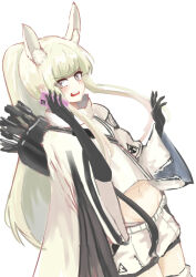 Rule 34 | 1girl, absurdres, animal ear fluff, animal ears, arknights, arrow (projectile), black gloves, bright pupils, cellphone, chinese commentary, commentary request, cowboy shot, crop top, elbow gloves, gloves, green hair, grey eyes, groin, highres, holding, holding phone, jacket, long hair, long sleeves, midriff, navel, open mouth, phone, platinum (arknights), polucky, quiver, shorts, sidelocks, simple background, sketch, smartphone, solo, standing, sweatdrop, talking on phone, unfinished, white background, white jacket, white pupils, white shorts, wide sleeves