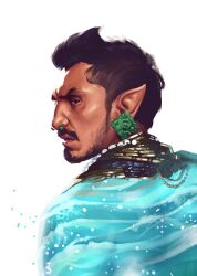 Rule 34 | 1boy, absurdres, angel solorzano, black hair, black panther: wakanda forever, dark skin, earrings, facial hair, goatee, highres, jewelry, male focus, marvel, marvel cinematic universe, namor, necklace, ocean, pointy ears, profile, sideburns, solo