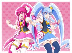 Rule 34 | 10s, 2girls, aino megumi, blue eyes, blue hair, blue skirt, blue thighhighs, boots, bow, brooch, crown, cure lovely, cure princess, earrings, eyelashes, hair ornament, happinesscharge precure!, happy, heart, heart brooch, heart hair ornament, jewelry, kamiyama teten, long hair, looking at viewer, magical girl, multiple girls, open mouth, pink bow, pink eyes, pink hair, pink skirt, ponytail, precure, puffy sleeves, shirayuki hime, shirt, skirt, smile, standing, thigh boots, thighhighs, thighs, twintails, white legwear, wide ponytail, wrist cuffs, zettai ryouiki