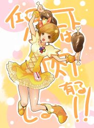 Rule 34 | 1girl, :d, atlus, boned meat, brown eyes, brown hair, cosplay, cure pine, cure pine (cosplay), food, fresh precure!, hair ornament, heart hair ornament, highres, magical girl, meat, nishiuri warito, open mouth, persona, persona 4, precure, satonaka chie, smile, solo