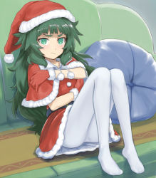 Rule 34 | 1girl, blush, capelet, christmas, closed mouth, couch, full body, gloves, green eyes, green hair, half-closed eyes, hat, hiyajou maho, looking at viewer, menomorute, on couch, pantyhose, pillow, santa costume, santa hat, sitting, solo, steins;gate, steins;gate 0, wavy mouth, white pantyhose
