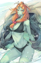 Rule 34 | 1girl, armpits, bare shoulders, bikini, black bikini, breasts, cleavage, closed mouth, colored skin, front ponytail, ge-b, green skin, hair ornament, hair scrunchie, hairclip, highres, huge breasts, lips, long hair, looking at viewer, midna, midna (true), navel, nintendo, o-ring, o-ring bottom, o-ring top, orange hair, purple lips, red eyes, scrunchie, smile, solo, splashing, spoilers, standing, sweat, swimsuit, the legend of zelda, the legend of zelda: twilight princess, tiara, toned, towel, water
