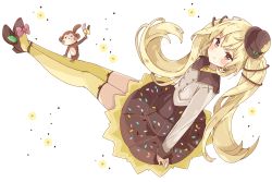 Rule 34 | 1girl, animal, blonde hair, blush, brown eyes, brown footwear, brown headwear, brown skirt, chocolate banana, closed mouth, commentary request, full body, grey shirt, highres, long hair, long sleeves, looking at viewer, monkey, original, pleated skirt, shirt, shoes, sitting, skirt, sleeves past wrists, smile, solo, thighhighs, tilted headwear, tsukiyo (skymint), twintails, very long hair, white background, yellow thighhighs