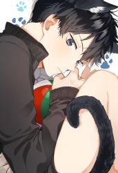 Rule 34 | 1boy, animal ears, bad id, bad twitter id, ball, bari dal, black hair, blue eyes, cat boy, cat ears, cat tail, closed mouth, haikyuu!!, highres, holding, holding ball, jacket, kageyama tobio, knees up, looking at viewer, male focus, paw print, paw print background, short hair, sitting, solo, sportswear, tail, track jacket, volleyball, volleyball (object)