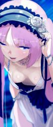 Rule 34 | 1girl, ;d, bad id, bad twitter id, blue eyes, bracelet, breasts, downblouse, dress, euryale (fate), fate/hollow ataraxia, fate (series), hairband, highres, jewelry, lolita hairband, looking at viewer, mazarimon, nail polish, necklace, nipple slip, nipples, one eye closed, open mouth, purple hair, purple nails, small breasts, smile, solo, teeth, twintails, white dress