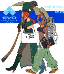 Rule 34 | 1girl, 1other, absurdres, arcade stick, asymmetrical gloves, baggy pants, black lips, blonde hair, boots, colored tips, controller, crossover, dark-skinned female, dark skin, dreadlocks, esports, evolution championship series, fingerless gloves, game controller, gloves, gradient hair, green eyes, guilty gear, guilty gear strive, hat, head tilt, headphones, highres, holding, holding scythe, joystick, kimberly jackson, looking at viewer, makai, mismatched gloves, multicolored hair, o3o, official alternate color, official alternate costume, official alternate hair color, official alternate hairstyle, orange hair, over shoulder, panties, pants, panty peek, parted lips, scarf, scythe, shoes, smile, sneakers, sports bra, street fighter, street fighter 6, testament (guilty gear), toned, top hat, underwear, visor cap, walking, walkman, weapon, weapon over shoulder, white hair