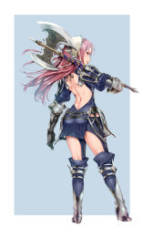 Rule 34 | 1girl, armor, ass, axe, boots, cherche (fire emblem), dragon, fire emblem, fire emblem awakening, gloves, hairband, highres, long hair, looking at viewer, nintendo, pink hair, red eyes, red hair, smile, solo, thighhighs, wasabi (legemd), weapon