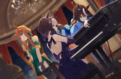 Rule 34 | 3girls, alternate costume, alternate hairstyle, animal ears, aqua eyes, back, black gloves, blue dress, blunt bangs, blurry, blurry foreground, bokeh, breasts, brown hair, cake, champagne flute, chandelier, closed mouth, clothing cutout, cup, curtains, depth of field, dress, drinking glass, dutch angle, elbow gloves, food, glint, gloves, green dress, green eyes, hair bun, tucking hair, hairband, highres, holding, holding cup, holding plate, horse ears, horse girl, horse tail, indoors, instrument, long hair, looking at viewer, lying, multicolored hair, multiple girls, ningen gokko, on piano, on stomach, orange hair, parted lips, piano, piano bench, plate, purple eyes, purple gloves, short hair, short ponytail, silence suzuka (umamusume), sleeveless, sleeveless dress, small breasts, smile, special week (umamusume), standing, streaked hair, tail, tail through clothes, tokai teio (umamusume), umamusume, window, women&#039;s wallet