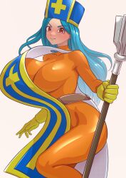 Rule 34 | 1girl, absurdres, blue hair, blue hat, bodysuit, dragon quest, dragon quest iii, gloves, hat, highres, looking at viewer, nelnel76121122, orange bodysuit, priest (dq3), red eyes, simple background, solo, white background, yellow gloves