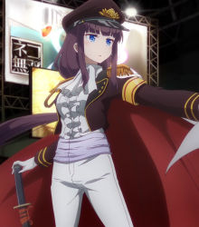 Rule 34 | 1girl, blue eyes, cosplay, hat, highres, long hair, maroon hair, new game!, screencap, solo, stitched, sword, takimoto hifumi, third-party edit, weapon