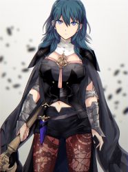 Rule 34 | 1girl, armor, bad id, bad twitter id, blue eyes, blue hair, breasts, brown pantyhose, byleth (female) (fire emblem), byleth (fire emblem), cape, cleavage cutout, clothing cutout, doku ringo36, fire emblem, fire emblem: three houses, hair between eyes, hair ornament, highres, holding, holding sword, holding weapon, lace, lace-trimmed legwear, lace trim, large breasts, long hair, looking at viewer, nintendo, pantyhose, pantyhose under shorts, short hair, short shorts, shorts, simple background, solo, sword, upper body, weapon, white background