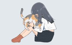 Rule 34 | 1girl, animal, black hair, black sailor collar, black skirt, blue neckerchief, blush, calico, cat, closed eyes, comforting, commentary request, covered mouth, crying, facing viewer, from side, full body, grey background, grey hair, holding, holding animal, knees up, long hair, long sleeves, midriff peek, neckerchief, nicogoly, no shoes, nuzzle, original, pleated skirt, red socks, sad, sailor collar, school uniform, serafuku, simple background, sitting, skirt, socks
