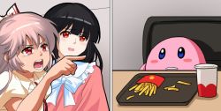 Rule 34 | 2girls, 2koma, angry, black hair, blue eyes, blush stickers, bow, chair, comic, crossover, crying, crying with eyes open, cup, disposable cup, expressionless, fast food, food, french fries, fujiwara no mokou, hair between eyes, hair bow, hime cut, houraisan kaguya, jokanhiyou, kirby, kirby (series), meme, multiple girls, nintendo, pink shirt, pointing, red eyes, shirt, short sleeves, tears, touhou, tray, white hair, woman yelling at cat (meme)