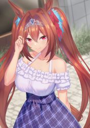 Rule 34 | 1girl, absurdres, animal ears, answering, blouse, blue skirt, blush, bow, brown hair, closed mouth, collarbone, daiwa scarlet (umamusume), hair bow, hair intakes, hair ornament, highres, horse ears, horse girl, horse tail, long hair, looking at viewer, off shoulder, outdoors, red bow, red eyes, shirt, short sleeves, skirt, smile, solo, tail, tiara, twintails, umamusume, white shirt