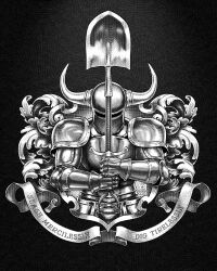 Rule 34 | 1boy, armor, black background, coat of arms, commentary, crosshatching, english commentary, english text, fake horns, fleur-de-lis, full armor, hatching (texture), helmet, holding, holding shovel, horned helmet, horns, knight, male focus, michel borges, shovel, shovel knight, shovel knight (character), signature, upper body