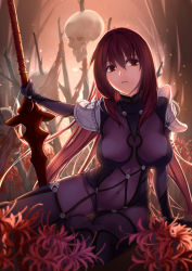 Rule 34 | 1girl, arm support, armor, backlighting, bare tree, blood, blurry, bodysuit, breasts, covered navel, depth of field, fate/grand order, fate (series), flag, flower, gae bolg (fate), gloves, hair between eyes, highres, holding, holding weapon, jh, large breasts, leaning to the side, light particles, long hair, parted lips, pauldrons, planted, polearm, purple bodysuit, purple hair, red eyes, red flower, scathach (fate), shoulder armor, sitting, skull, solo, spear, spider lily, spikes, tree, very long hair, weapon, yokozuwari