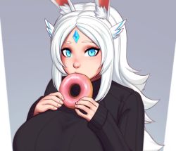 Rule 34 | 1girl, animal ear fluff, animal ears, black sweater, blue eyes, breasts, rabbit ears, copyright request, doughnut, eating, fingernails, food, forehead jewel, grey background, hair flaps, holding, holding food, huge breasts, long sleeves, looking at viewer, original, razalor, solo, sponty, sweater, symbol-only commentary, upper body, white hair
