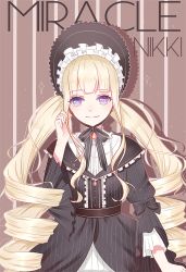 Rule 34 | 1girl, absurdly long hair, blonde hair, blush, character request, closed mouth, copyright name, cowboy shot, drill hair, gothic lolita, lolita fashion, long hair, looking at viewer, miracle nikki, purple eyes, smile, solo, twin drills, very long hair, youga