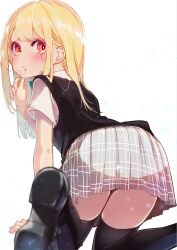 Rule 34 | 1girl, all fours, amane lily, azuma sawayoshi, bad link, black footwear, black thighhighs, black vest, blonde hair, blush, candy, eating, food, grey skirt, hair behind ear, highres, holding, holding candy, holding food, holding lollipop, light particles, loafers, lollipop, long hair, looking at viewer, looking back, orange eyes, oroka na tenshi wa akuma to odoru, parted lips, school uniform, shirt, shoes, short sleeves, simple background, skirt, solo, teardrop, thighhighs, vest, white background, white shirt, zettai ryouiki