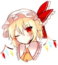 Rule 34 | 1girl, :o, ascot, blonde hair, blush, bow, commentary request, crystal, expressionless, flandre scarlet, frilled shirt collar, frills, hair between eyes, hat, hat ribbon, kureha ki908, looking at viewer, mob cap, one eye closed, red bow, red eyes, red ribbon, ribbon, short hair, sidelocks, simple background, solo, touhou, white background, white hat, wings, yellow ascot