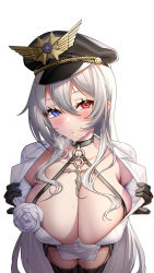 Rule 34 | 1girl, biai (522323674), black choker, black gloves, black hat, black thighhighs, blue eyes, breasts, choker, closed mouth, cowboy shot, crosss, flower, from above, gloves, grey hair, hat, head tilt, heavy breathing, heterochromia, large breasts, long hair, looking at viewer, looking up, no bra, open clothes, original, peaked cap, red hair, rose, simple background, solo, thighhighs, undressing, very long hair, white background, white flower, white rose