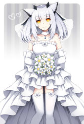 Rule 34 | 1girl, arknights, bare shoulders, bouquet, bow legwear, bride, collar, collarbone, dress, feet out of frame, flower, frilled dress, frills, gloves, grey background, grey hair, heart, highres, holding, holding bouquet, jewelry, looking at viewer, lucky keai, medium hair, necklace, owl ears, ptilopsis (arknights), simple background, smile, solo, strapless, strapless dress, thighhighs, wedding dress, white collar, white dress, white flower, white gloves, white thighhighs, yellow eyes, zettai ryouiki