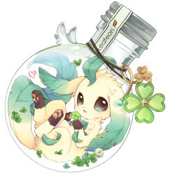 Rule 34 | 96mame, bottle, character name, clover, creatures (company), four-leaf clover, game freak, gen 4 pokemon, green eyes, heart, highres, in bottle, in container, leafeon, looking at viewer, nintendo, no humans, open mouth, pokemon, pokemon (creature), simple background, solo, white background