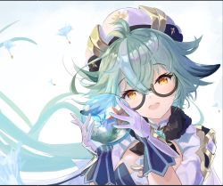 Rule 34 | :d, animal ears, ball, beret, blue hair, breasts, brooch, cape, cleavage, corset, crystal ball, crystalfly (genshin impact), dandelion seed, dress, flower, fur collar, fur trim, genshin impact, glasses, gloves, grass, green hair, hair between eyes, hair flaps, hands up, hat, highres, holding, holding ball, jewelry, light blue hair, long sleeves, looking at viewer, mai yukiame, multicolored clothes, multicolored dress, multicolored hair, open mouth, orange eyes, orange flower, orb, ponytail, see-through, semi-rimless eyewear, small breasts, smile, streaked hair, sucrose (genshin impact), upper body, vision (genshin impact), white background, white cape, white gloves