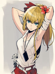 Rule 34 | 1girl, aono shimo, armpits, arms behind head, bad id, bad pixiv id, bandages, bandaged arm, bandages, belt, blonde hair, blue eyes, breasts, flower, hair flower, hair ornament, highres, looking at viewer, medium breasts, original, ponytail, shorts, solo