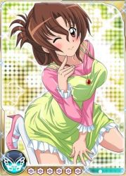 Rule 34 | 1girl, arm up, blush, breasts, brown hair, folded ponytail, hayate no gotoku!, jewelry, kneeling, long hair, lowres, maria (hayate no gotoku!), necklace, one eye closed, red eyes, shoes, smile, socks, thighs